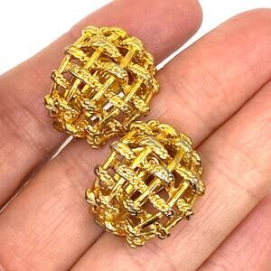 Signed M&S Open Basketweave Half Hoop Earrings Clip On Gold Tone